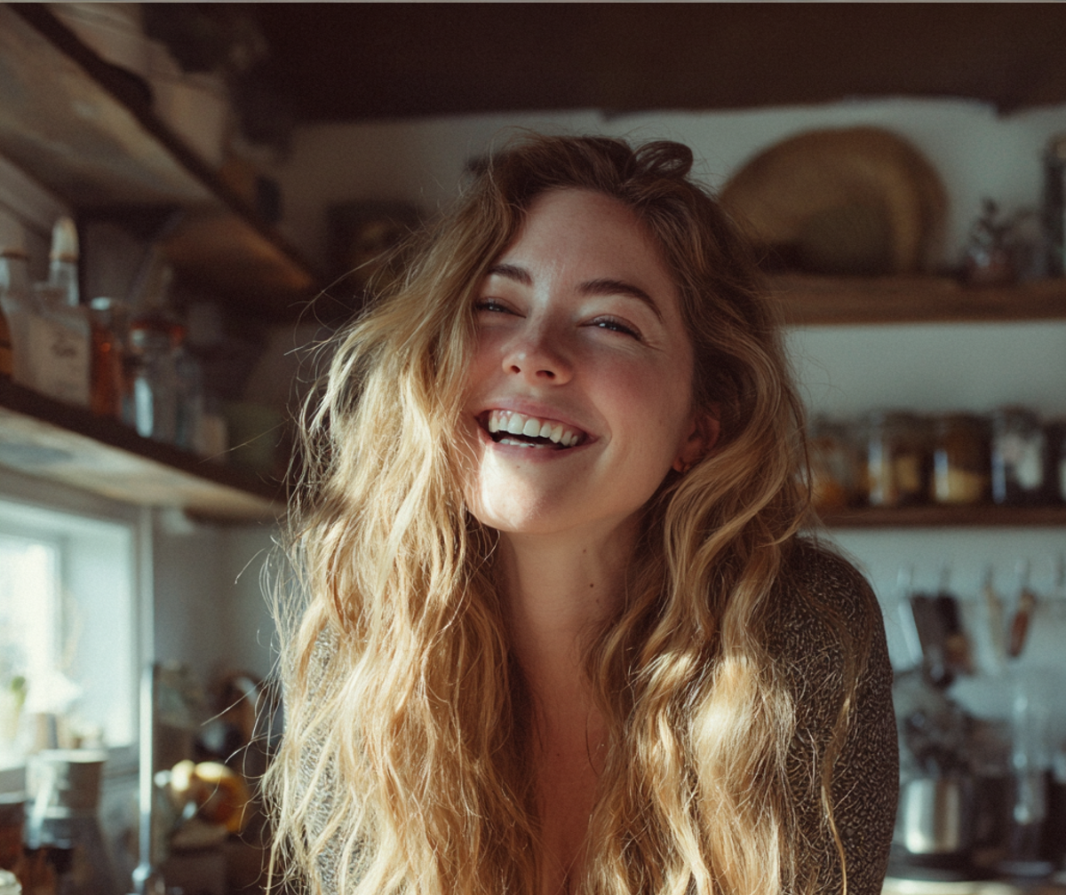 Une femme rieuse debout dans une cuisine | Source : Midjourney