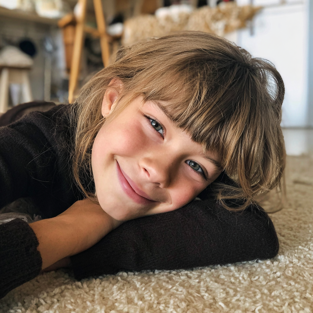 Une petite fille souriante allongée sur un tapis | Source : Midjourney