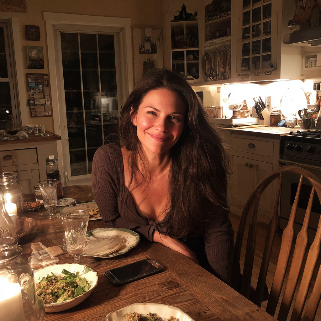 Une femme souriante assise à une table | Source : Midjourney