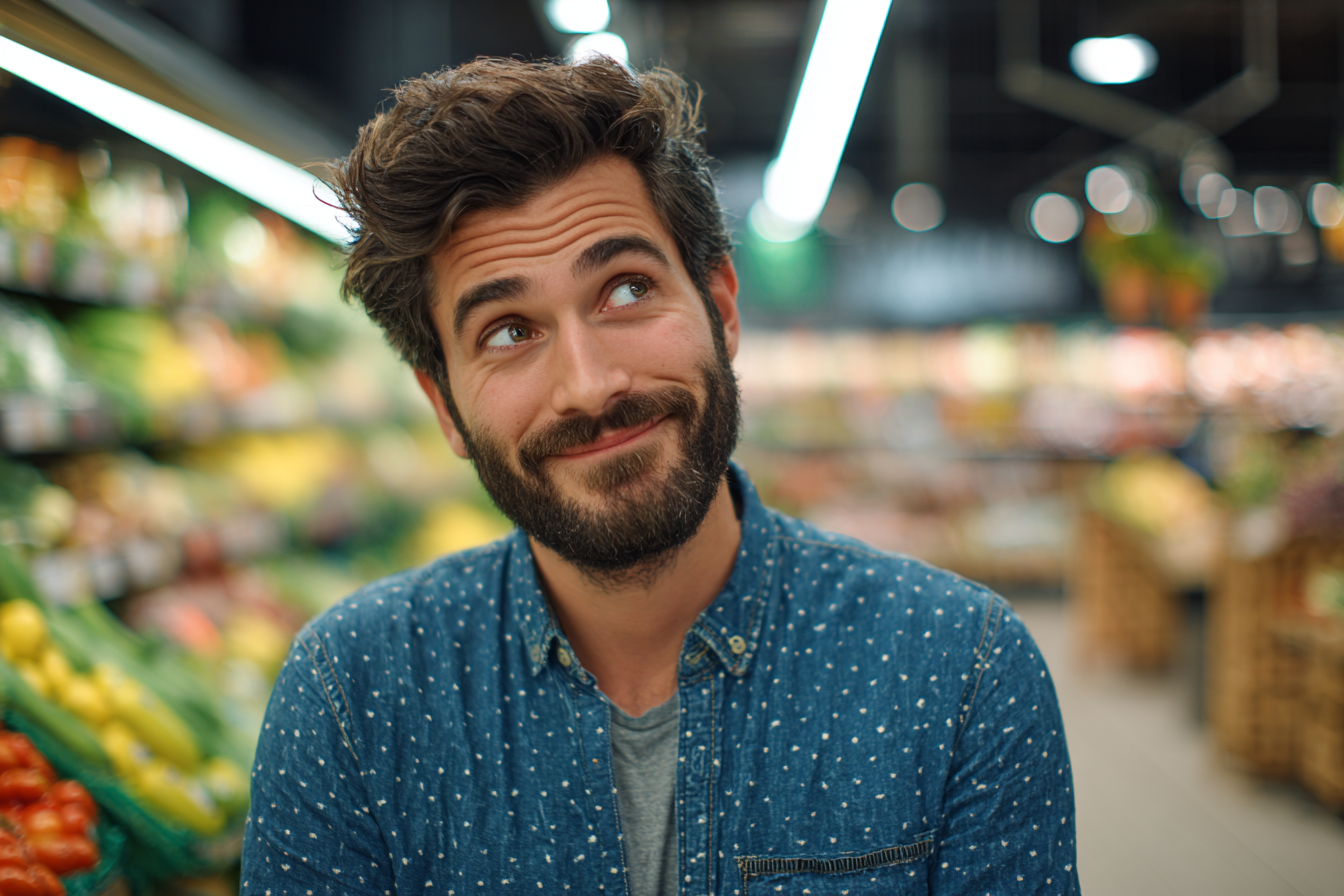 Un homme souriant dans une épicerie | Source : Midjourney