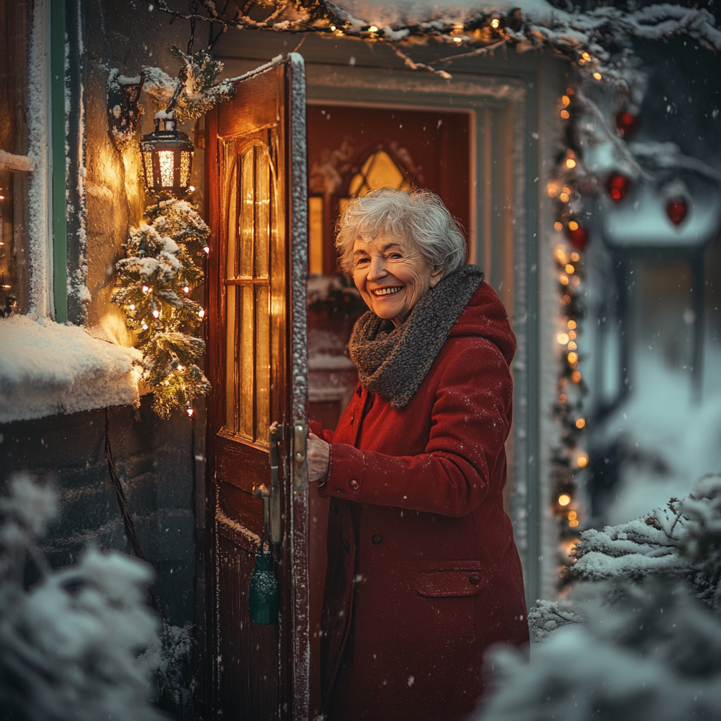 Une femme souriante ouvrant la porte de sa maison | Source : Midjourney