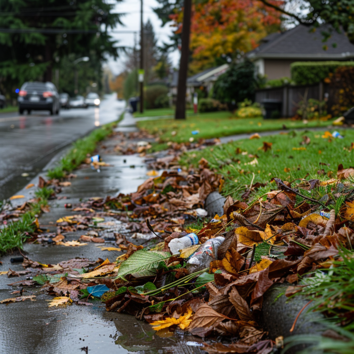 Un tas de feuilles mortes et de détritus sur le bord de la route dans un quartier | Source : Midjourney