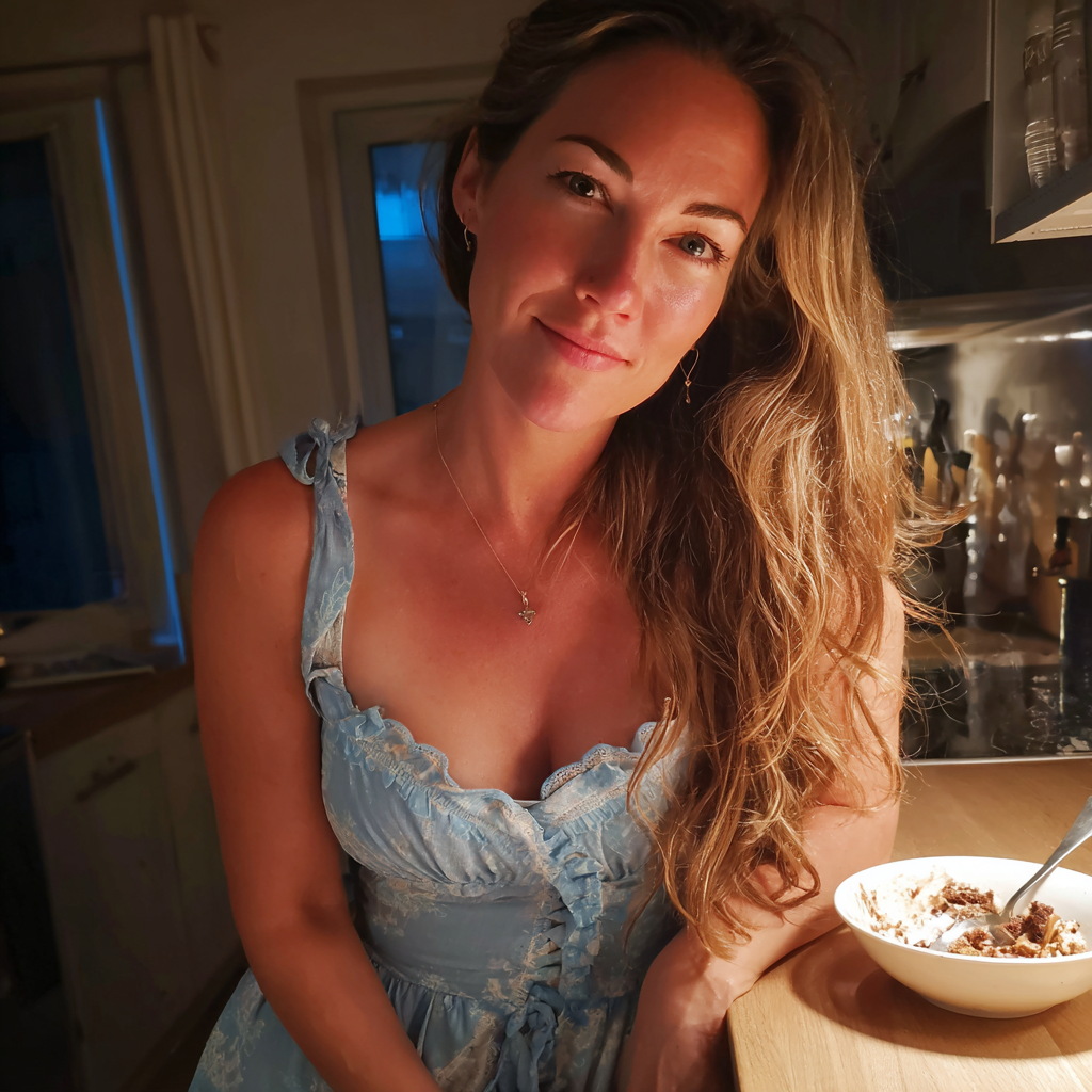 Une femme souriante assise au comptoir d'une cuisine | Source : Midjourney