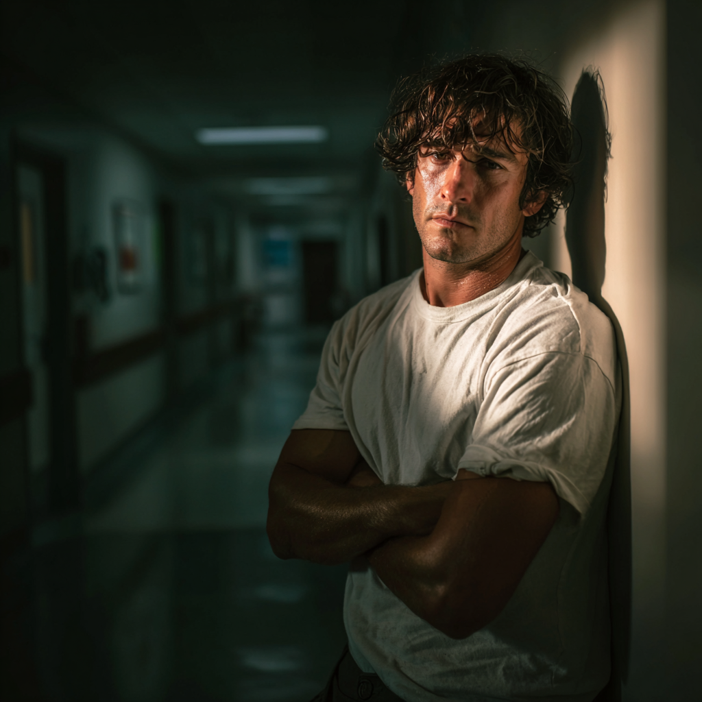 Un homme adossé à un mur dans un couloir d'hôpital | Source : Midjourney