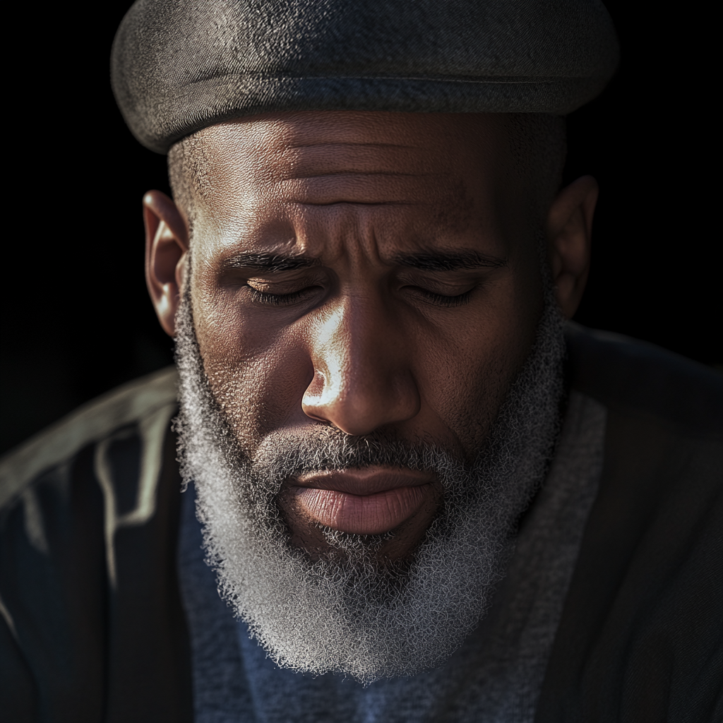 Un homme triste aux yeux baissés | Source : Midjourney