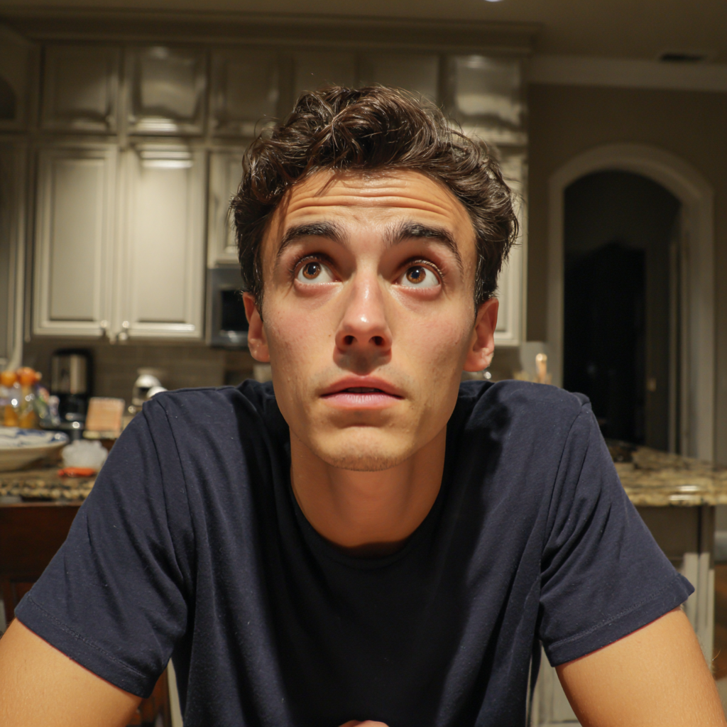 Un homme surpris assis à une table de cuisine | Source : Midjourney