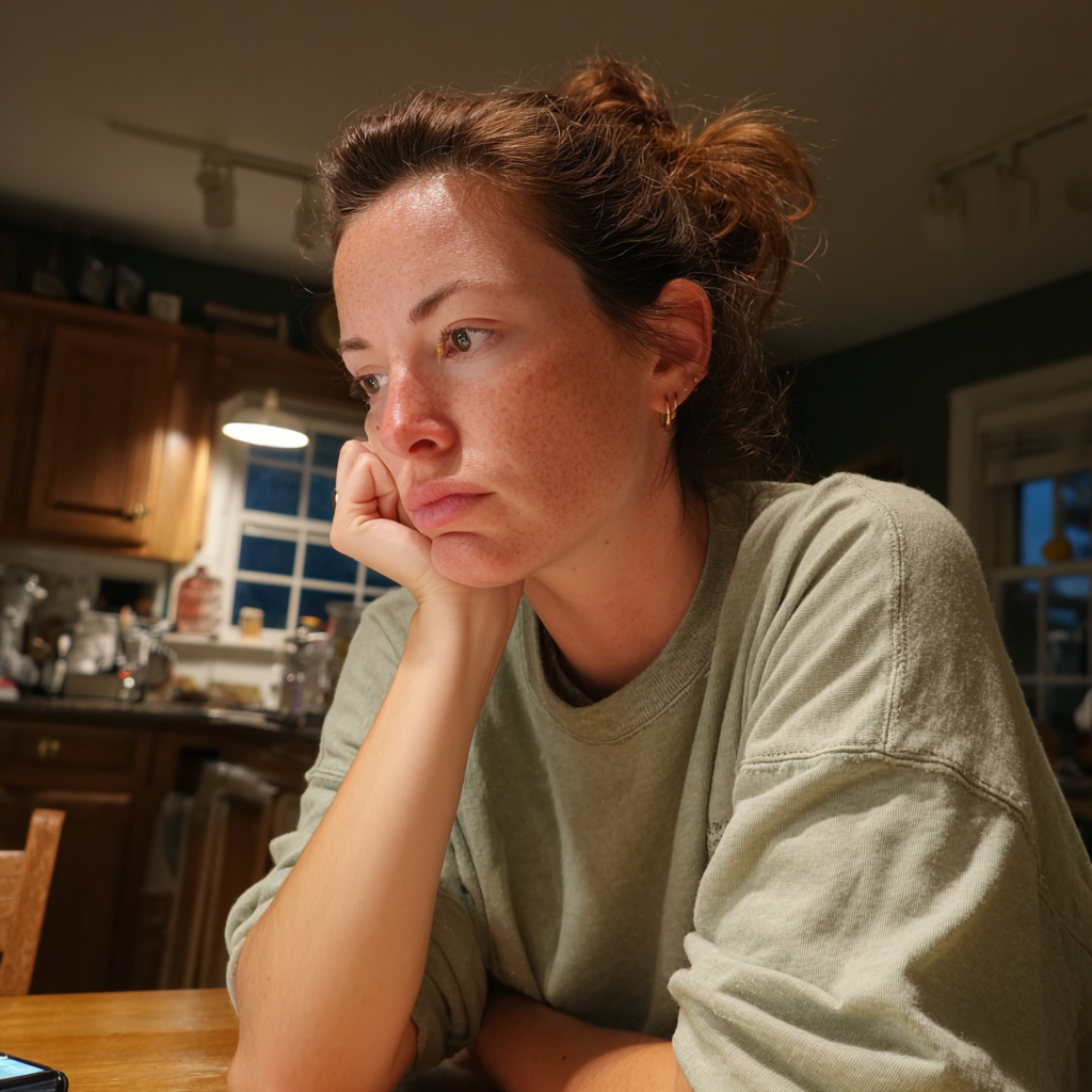 Une femme assise à une table de cuisine | Source : Midjourney
