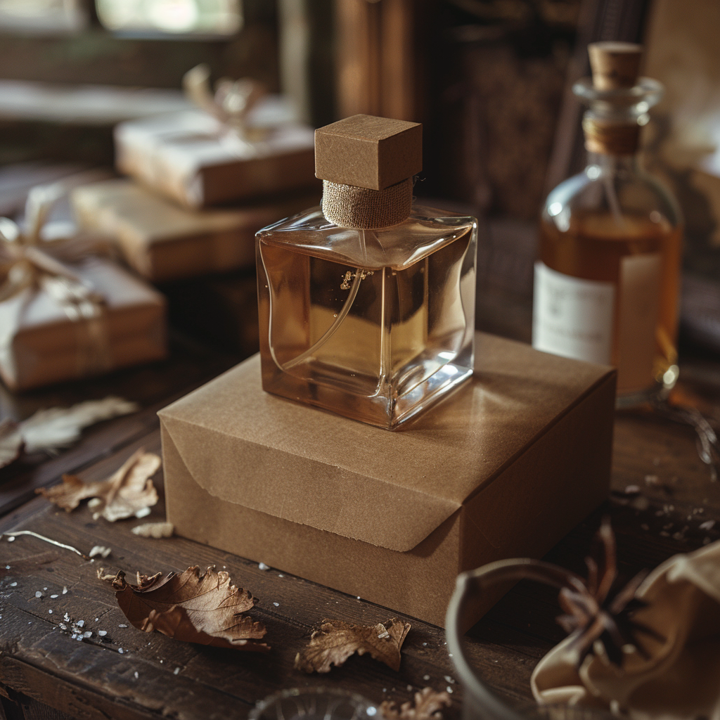 Un vieux flacon de parfum au sommet d'une boîte brune | Source : Midjourney