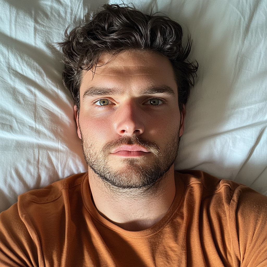 Gros plan d'un homme allongé dans son lit | Source : Midjourney