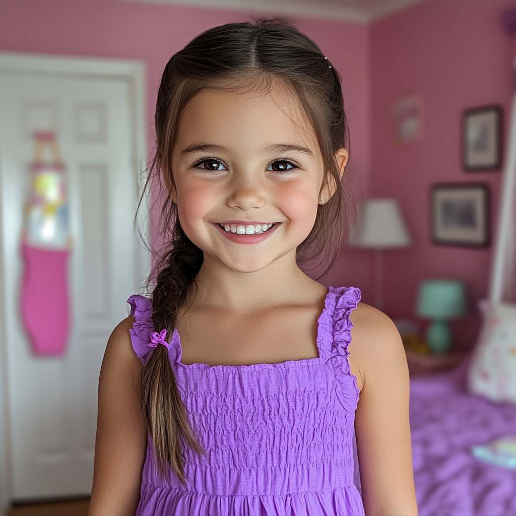 Une petite fille souriante debout dans sa chambre | Source : Midjourney