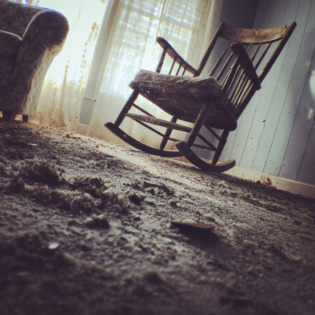 Un fauteuil à bascule détruit dans un salon | Source : Midjourney