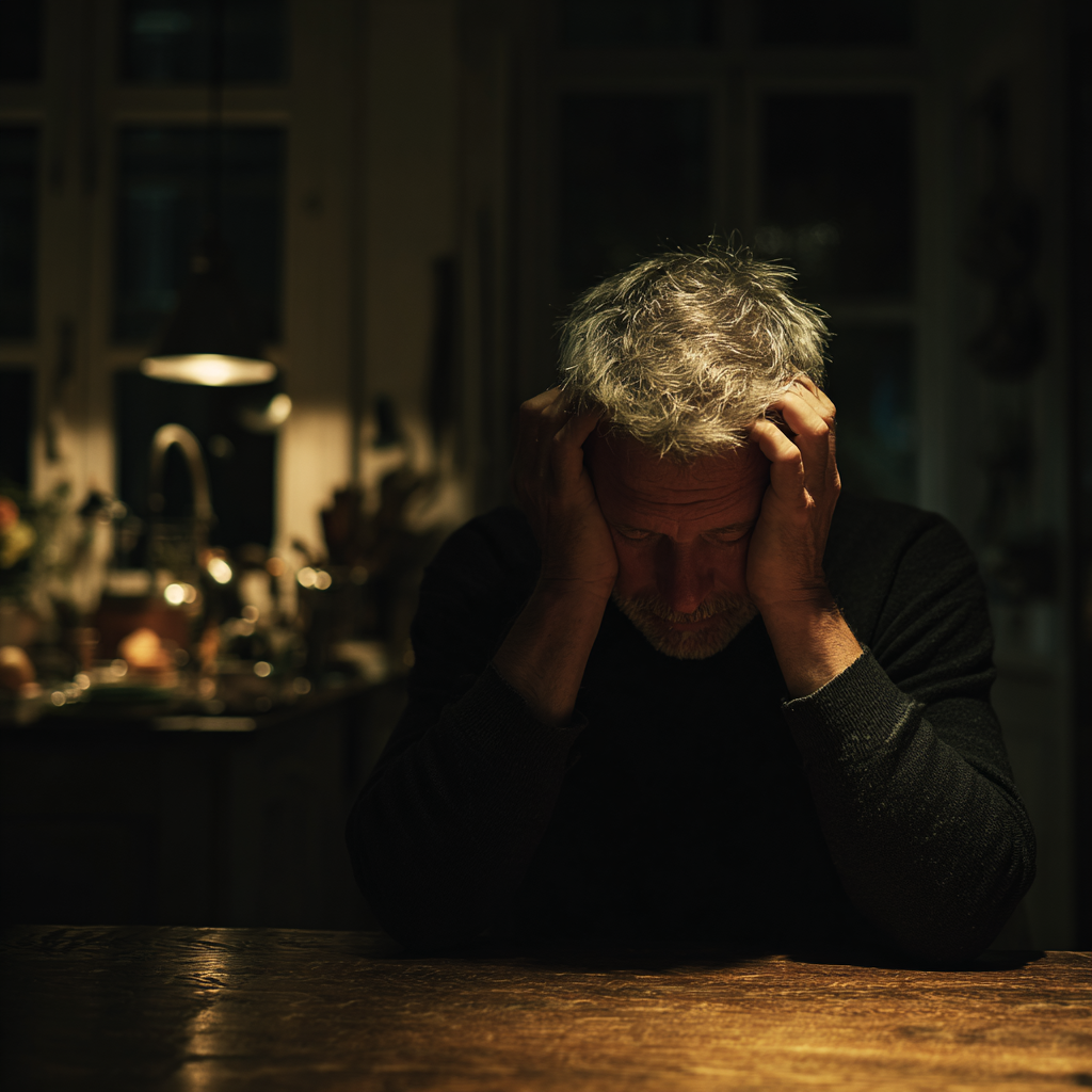 Un homme assis, la tête dans les mains | Source : Midjourney