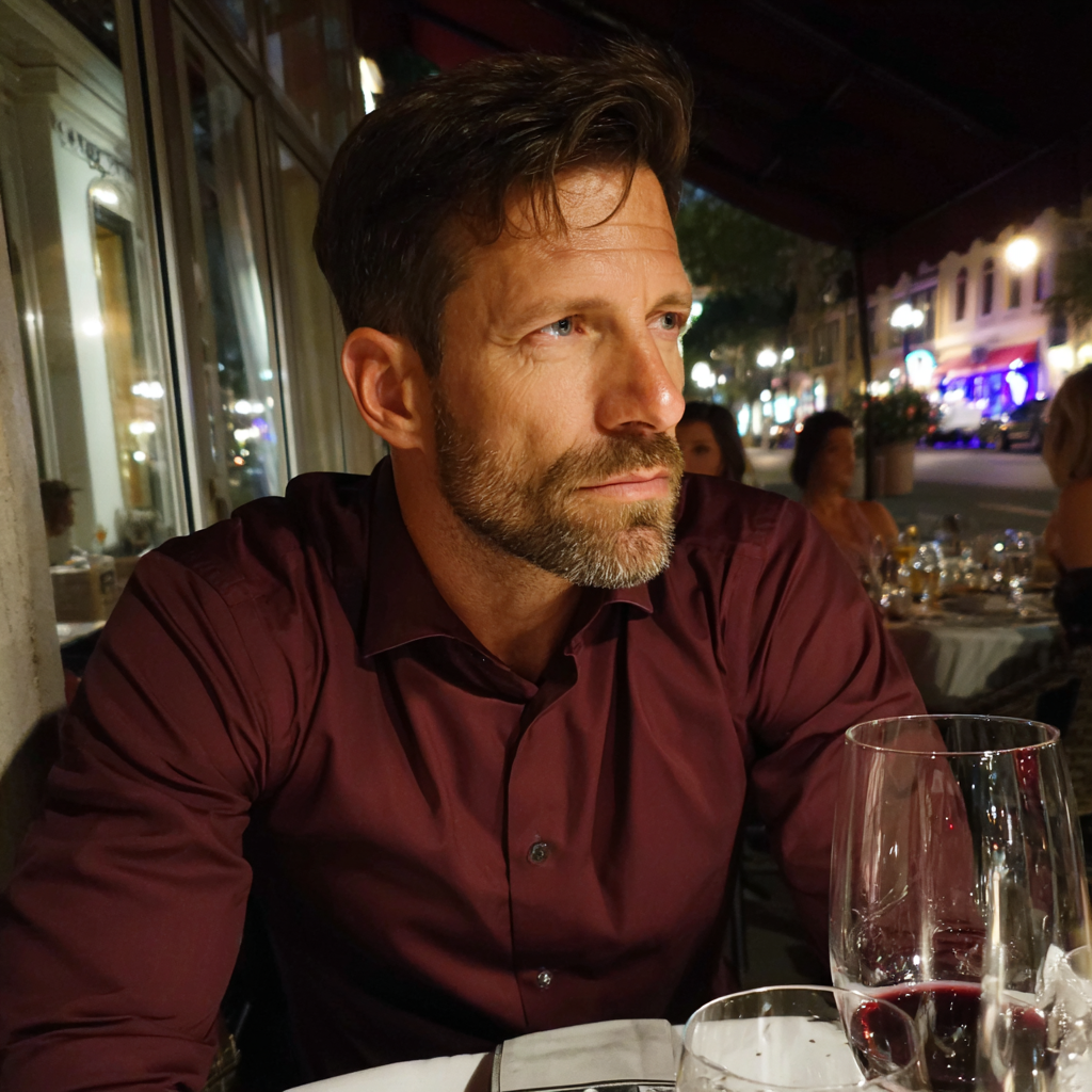 Un homme inquiet assis dans un restaurant | Source : Midjourney