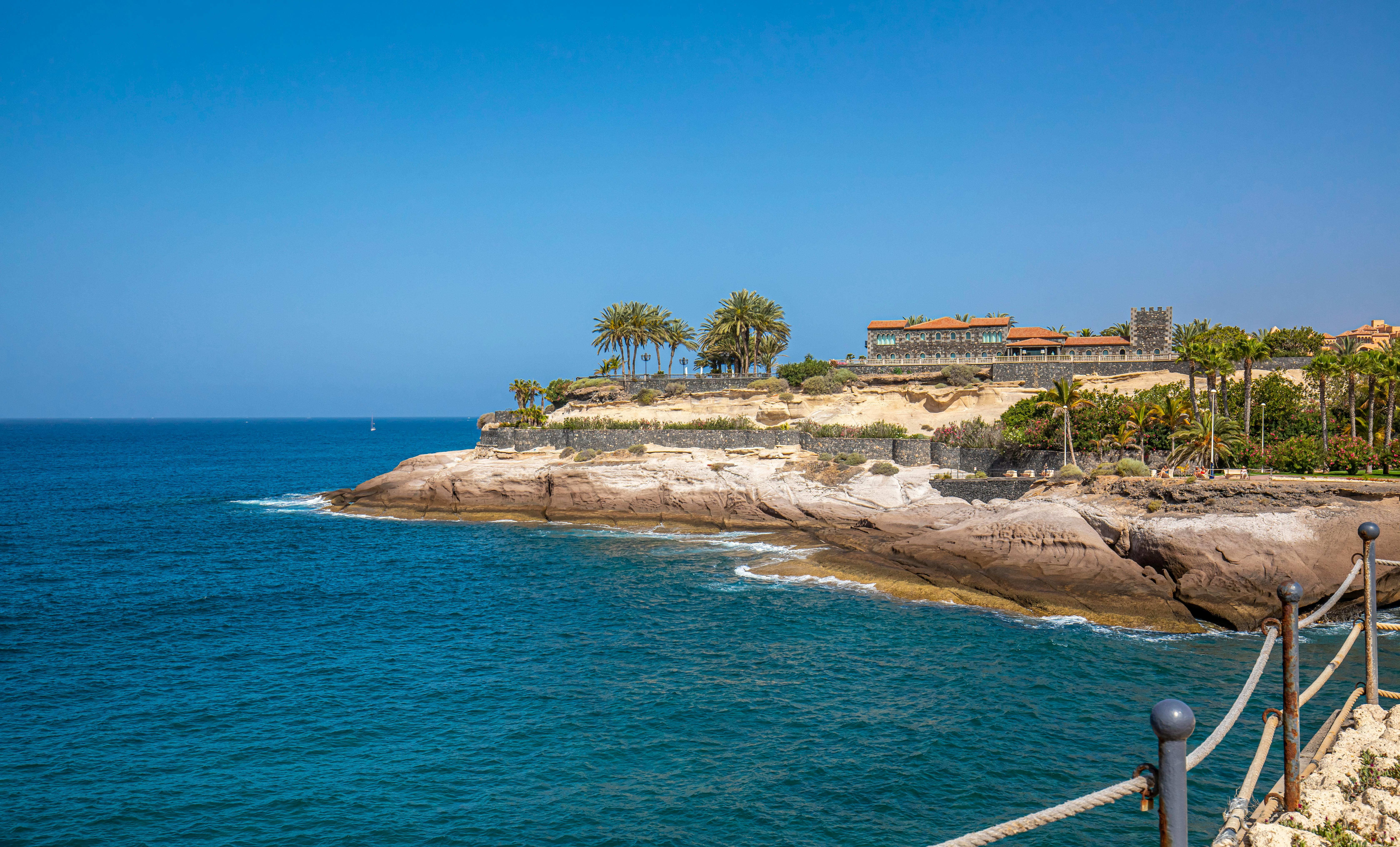 Front de mer et littoral de Costa Adeje, Tenerife, avec de grands palmiers et des murs de pierre grossièrement taillés. | Source : Pexels