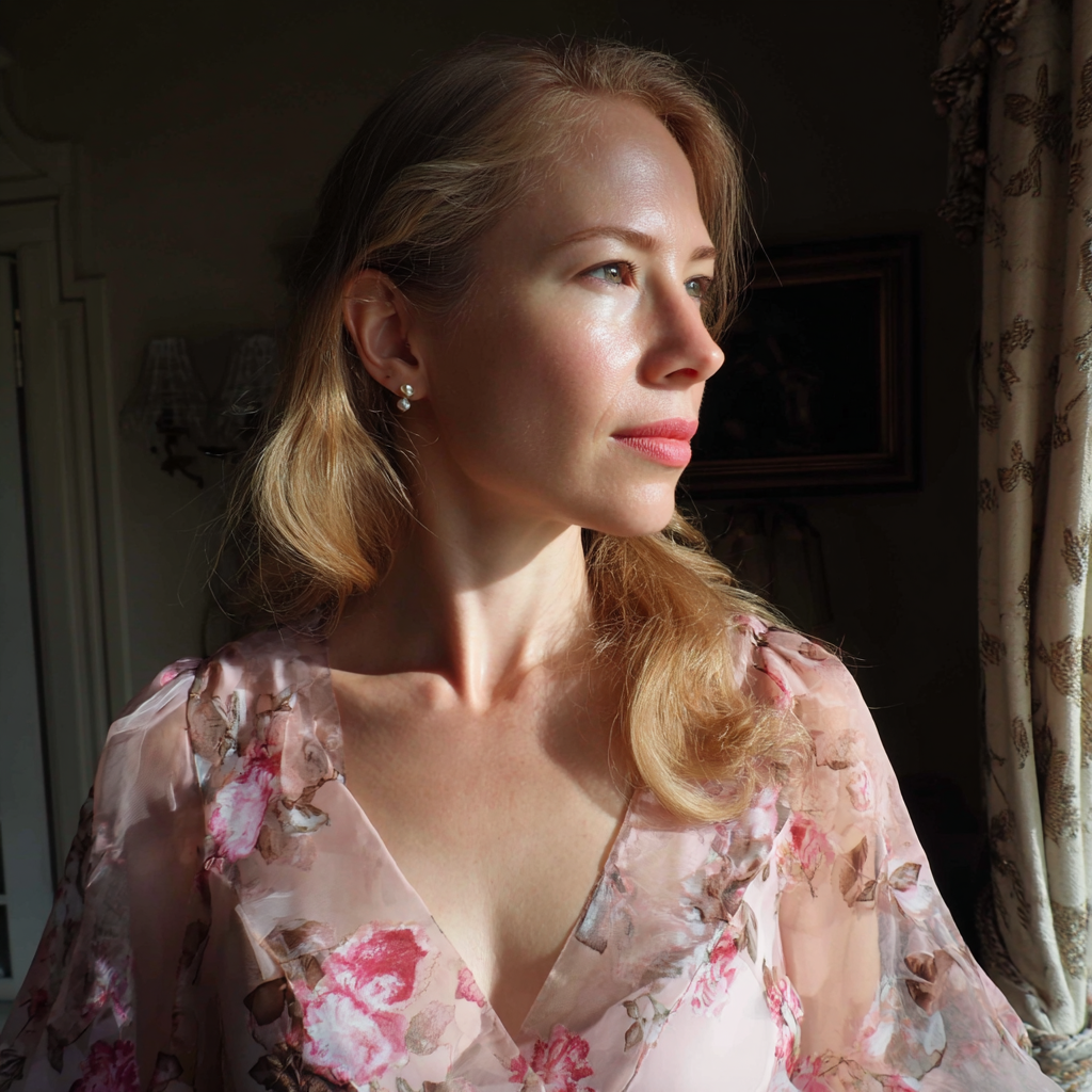 Une femme pensive dans une robe rose à fleurs | Source : Midjourney