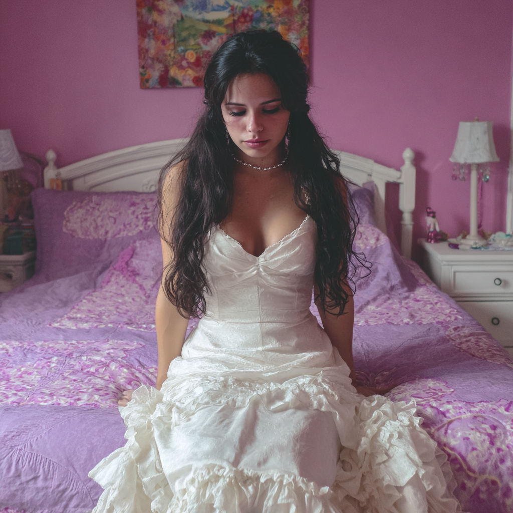 Une mariée bouleversée assise sur un lit | Source : Midjourney