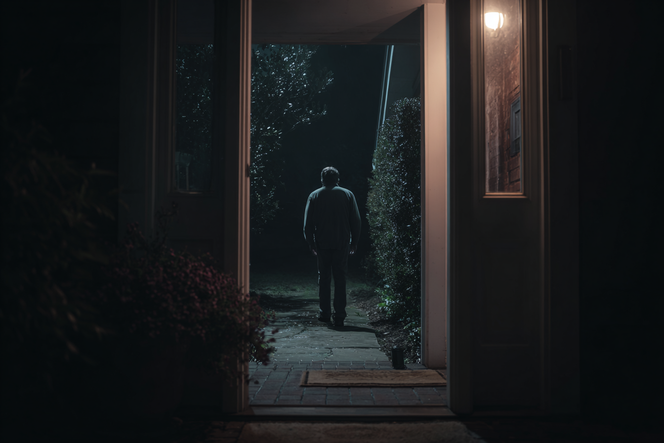 Un homme quittant une maison la nuit | Source : Midjourney