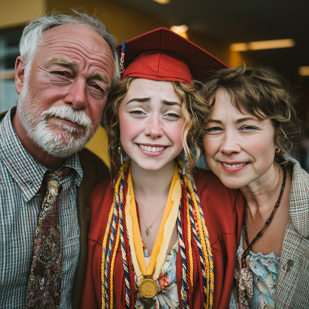 Un diplômé agacé posant pour des photos avec un couple | Source : Midjourney