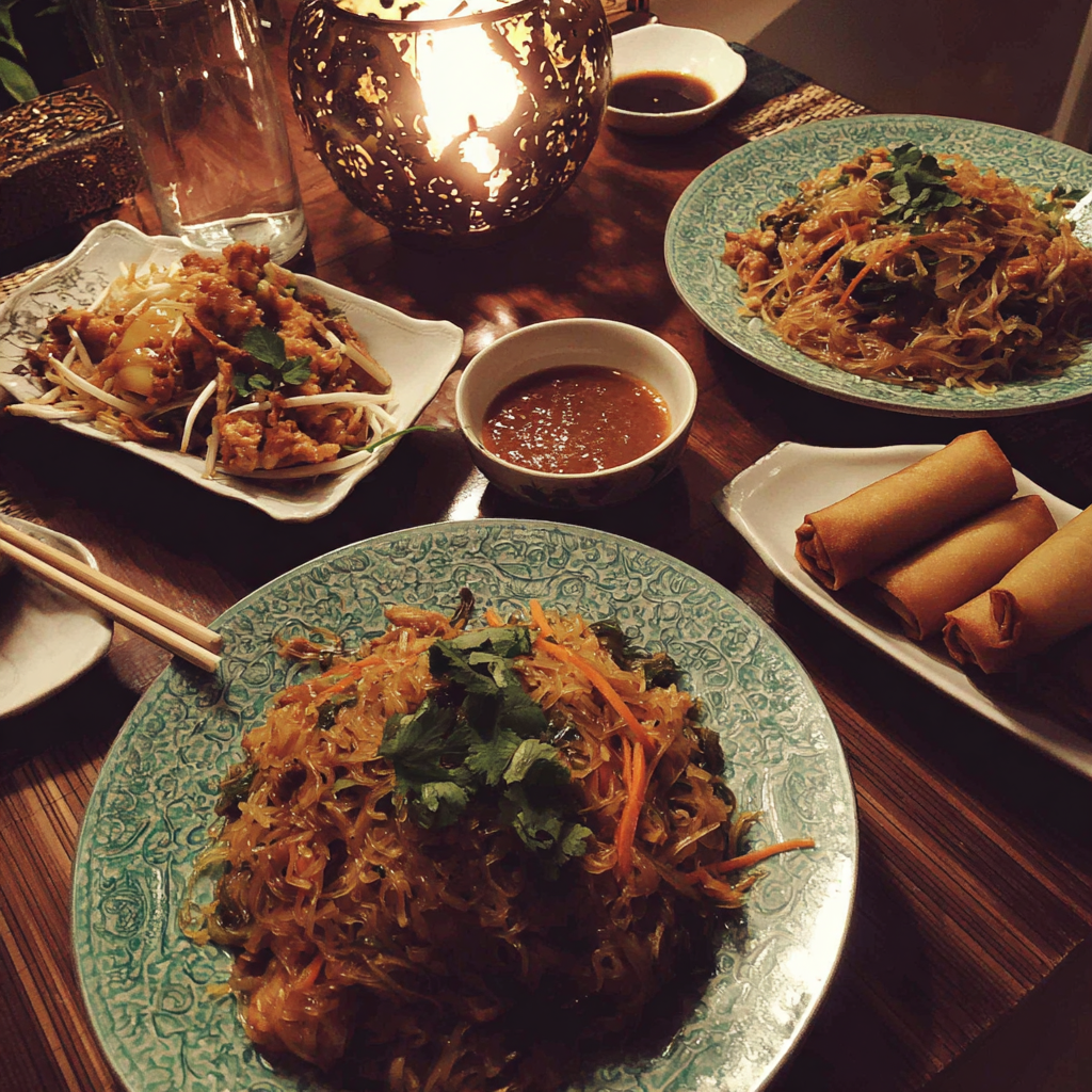 Nourriture thaïlandaise sur une table basse | Source : Midjourney