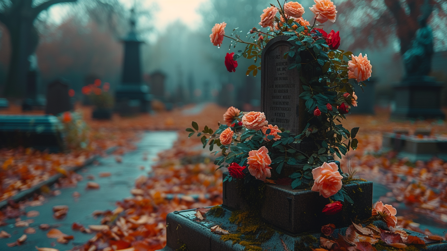 Une pierre tombale avec des fleurs | Source : Midjourney