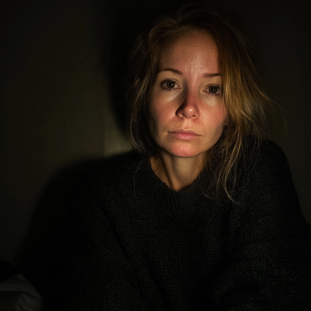 Une femme émotive assise dans l'obscurité | Source : Midjourney