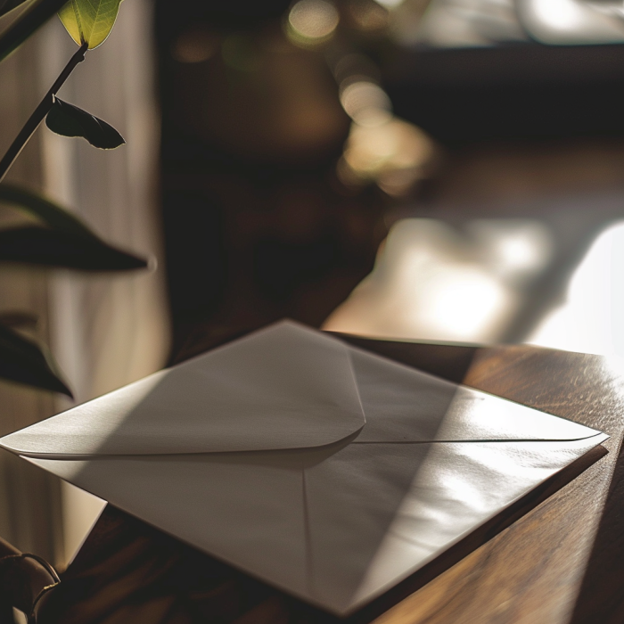 Une enveloppe blanche posée sur une surface en bois | Source : Midjourney