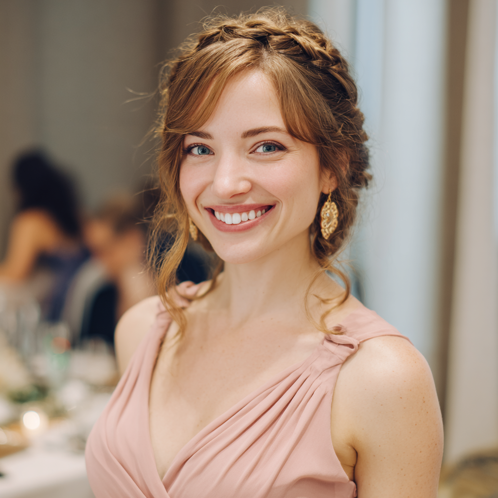 Une femme souriante portant une robe rose pâle | Source : Midjourney