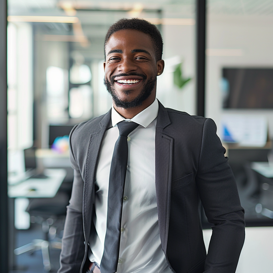 Un homme heureux debout dans son bureau | Source : Midjourney