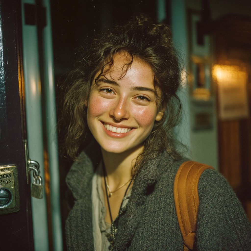 Une femme heureuse devant un bâtiment fermé à clé | Source : Midjourney