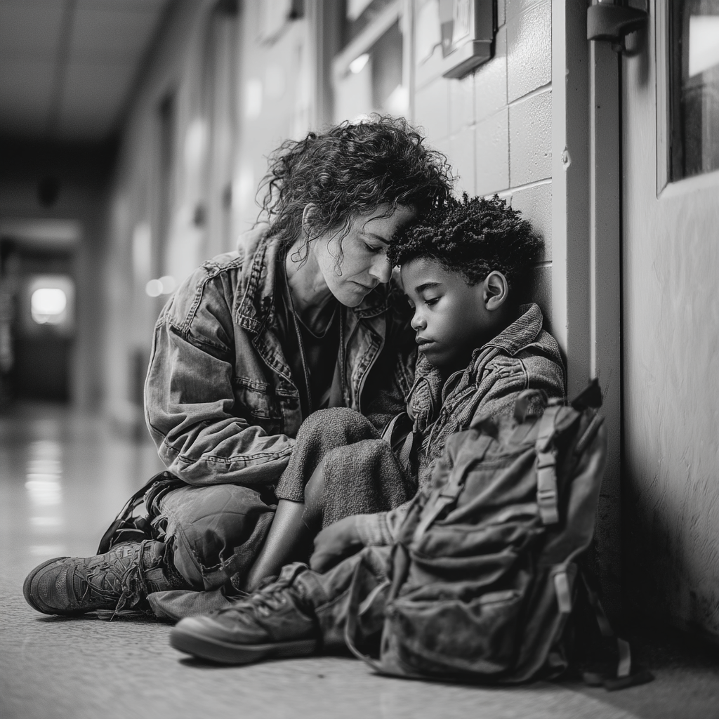 Un garçon triste assis avec une femme | Source : Midjourney