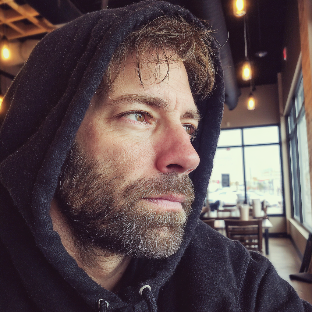 Un homme portant un sweat à capuche noir dans un café | Source : Midjourney