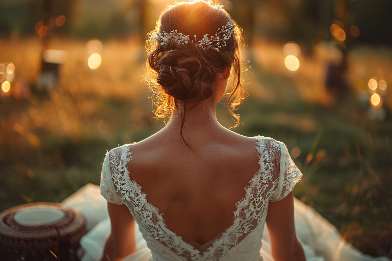 Une mariée agenouillée sur l'herbe | Source : Midjourney