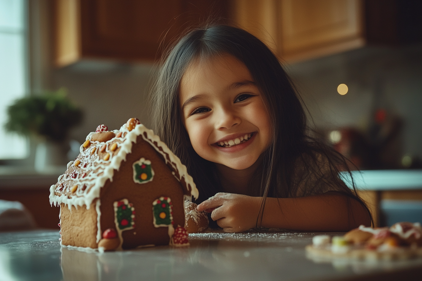 Une petite fille souriante devant une petite maison | Source : Midjourney