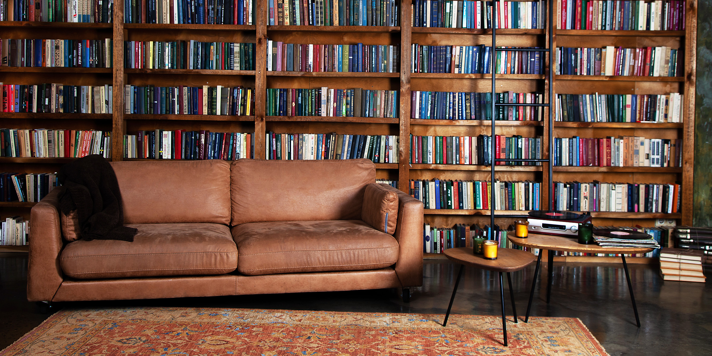 Un canapé marron allongé dans une bibliothèque de maison | Source : Shutterstock