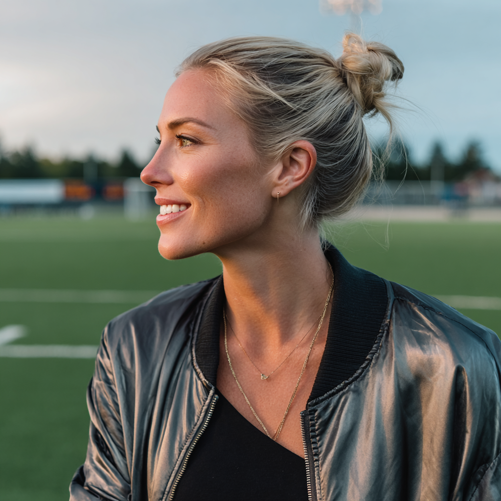 Une femme souriante debout sur un terrain de football | Source : Midjourney