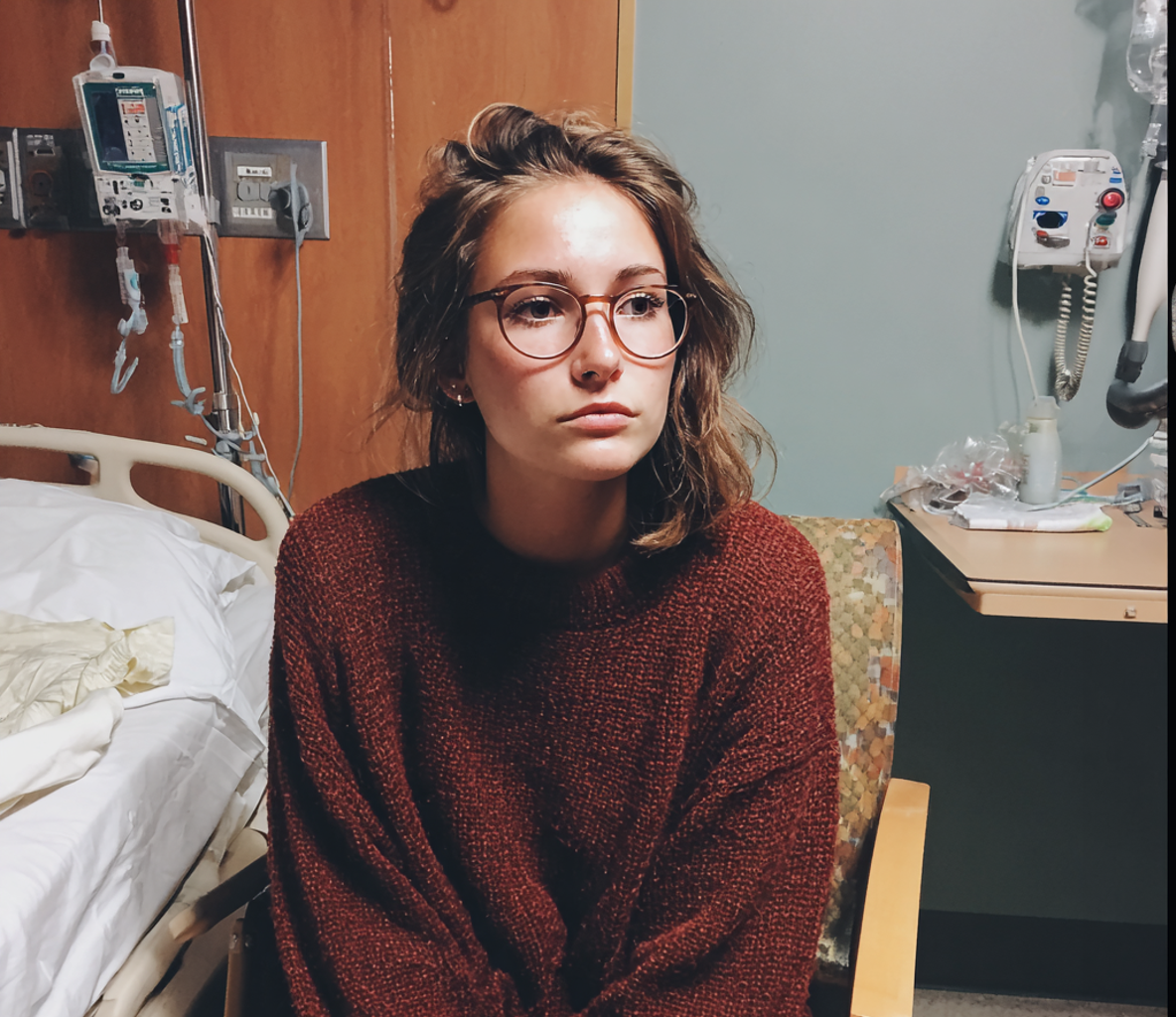 Une femme assise à côté d'un lit d'hôpital | Source : Midjourney