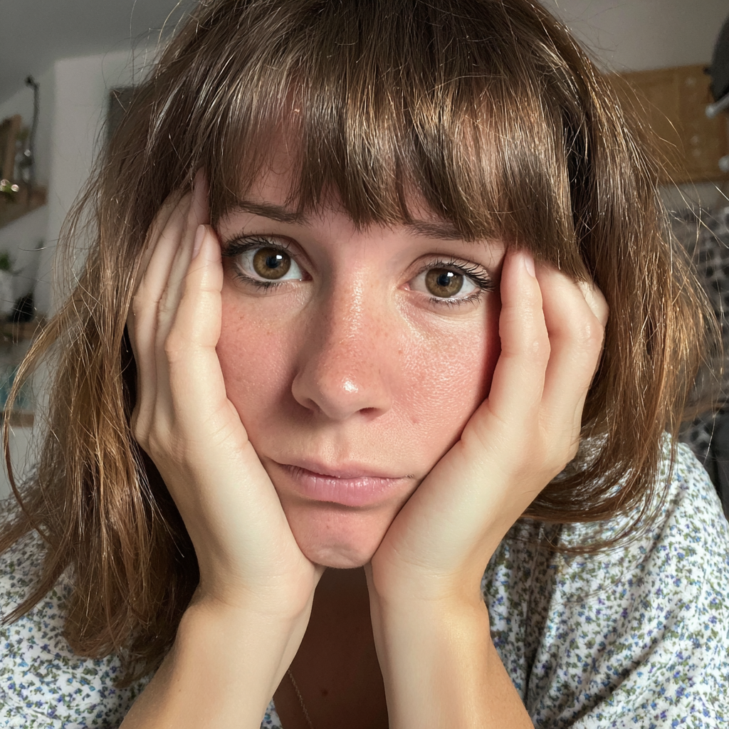 Une femme bouleversée qui se tient la tête | Source : Midjourney