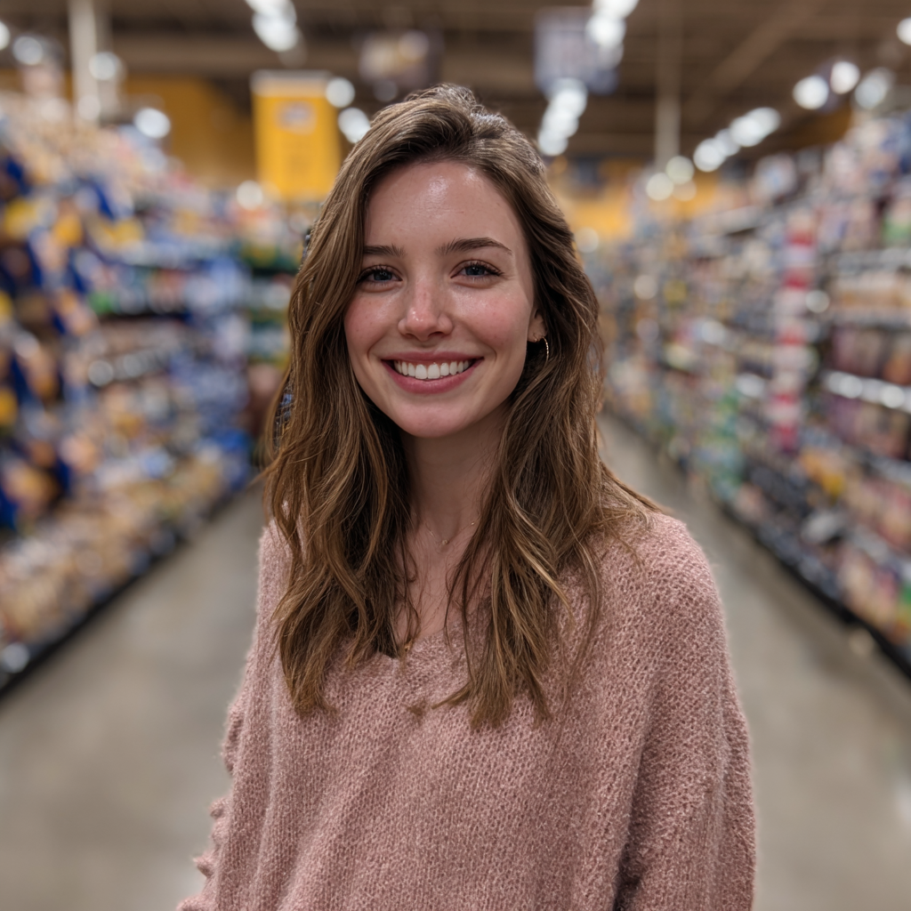 Une femme souriante debout dans un supermarché | Source : Midjourney