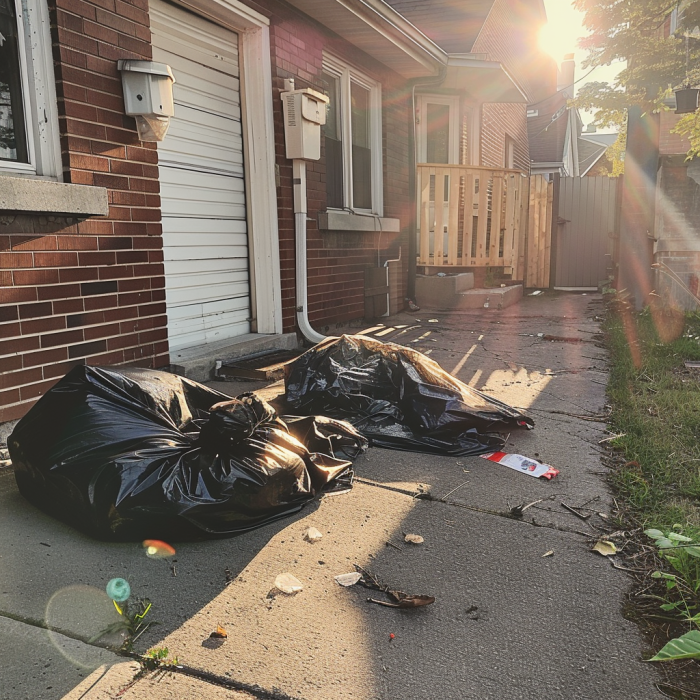 Sacs poubelles gisant devant une maison dans un quartier | Source : Midjourney