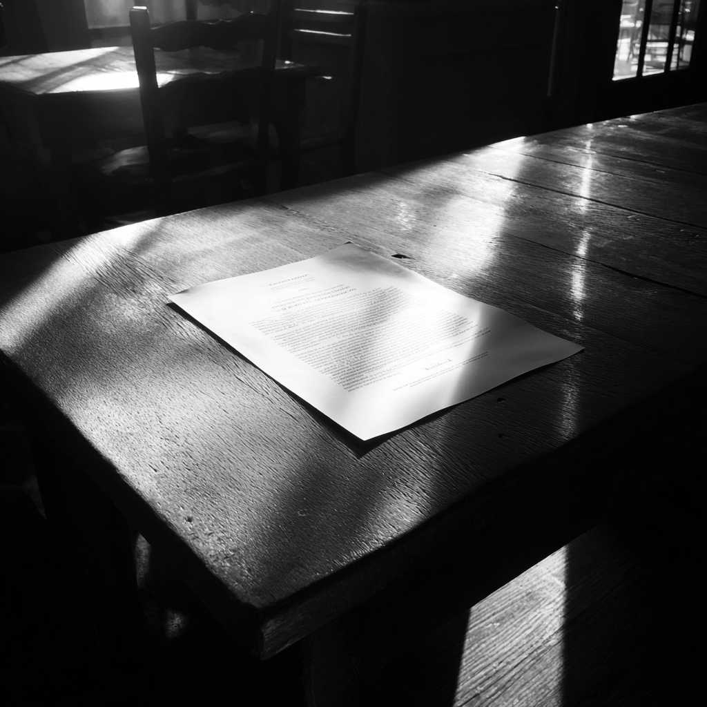 Une feuille de papier sur une table | Source : Midjourney