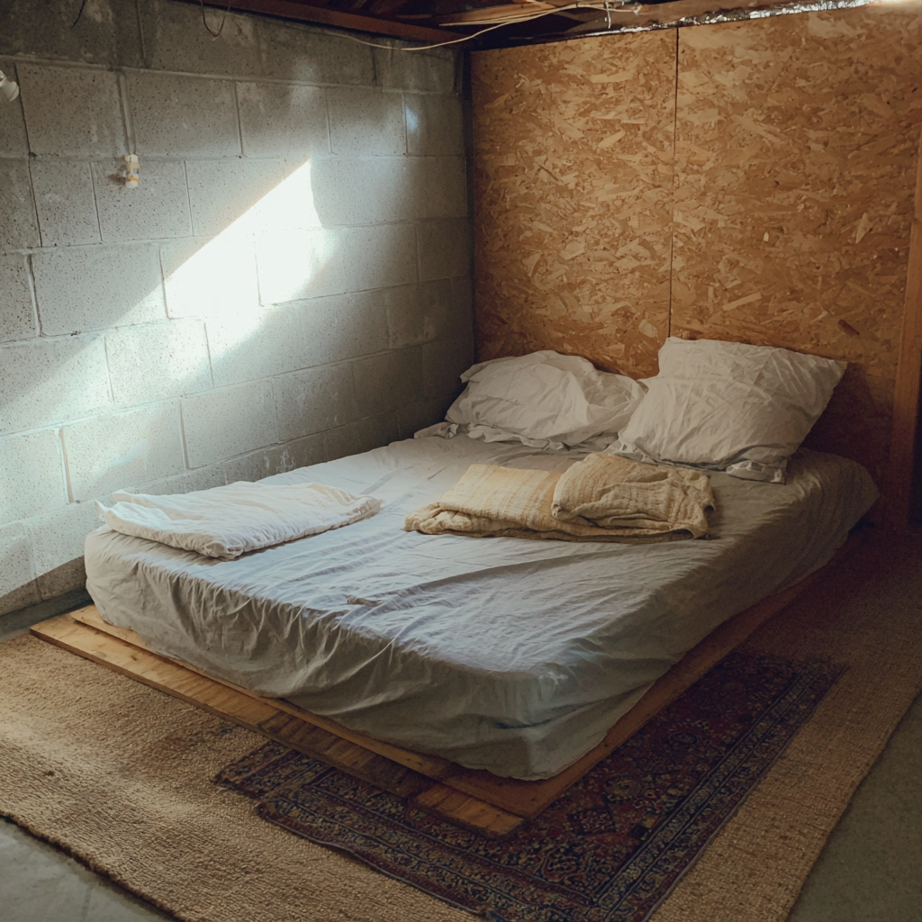 Un lit inconfortable dans un sous-sol | Source : Midjourney