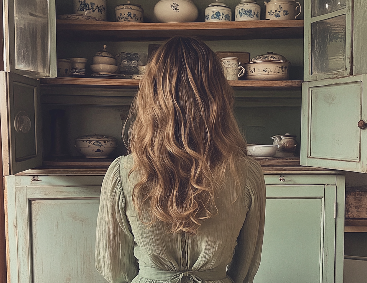 Une femme qui regarde dans une armoire de cuisine | Source : Midjourney