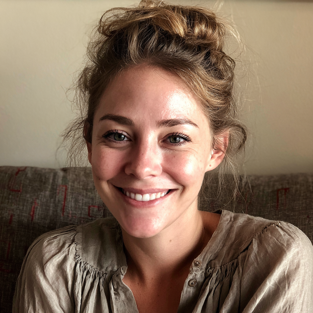 Une femme souriante assise sur un canapé | Source : Midjourney