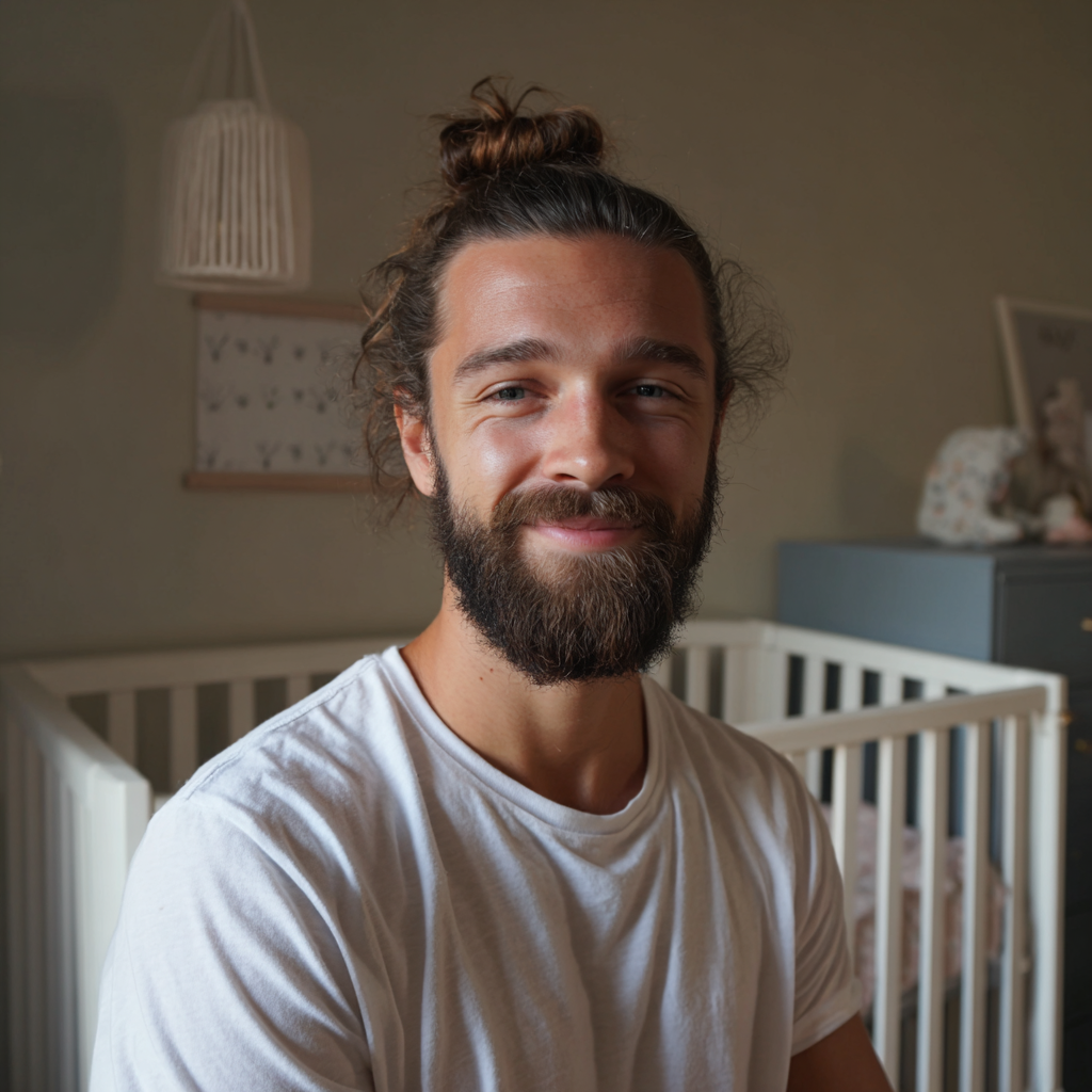Un homme souriant debout devant un berceau | Source : Midjourney