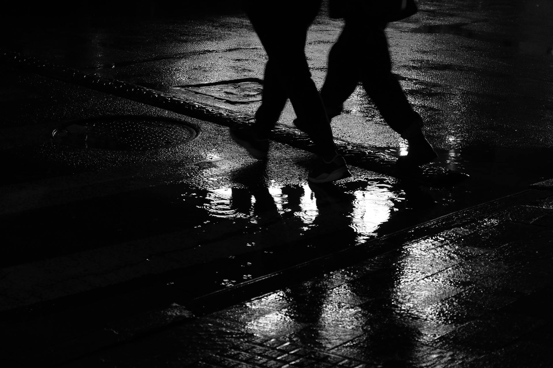 Silhouette de deux hommes marchant sur une route mouillée | Source : Pexels