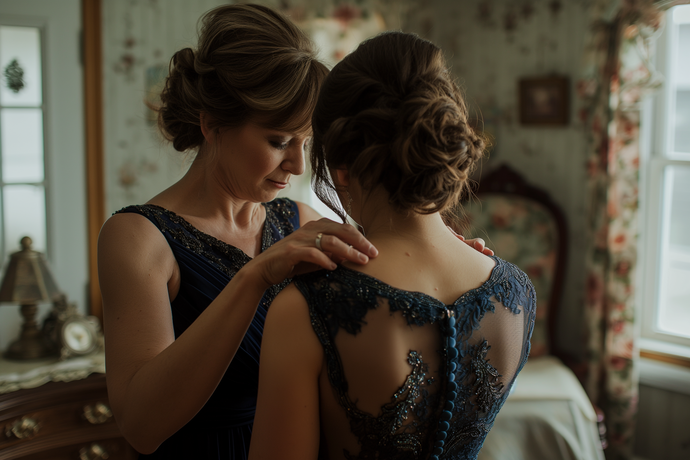 Een oudere vrouw helpt een jongere vrouw zich klaar te maken | Bron: Midjourney