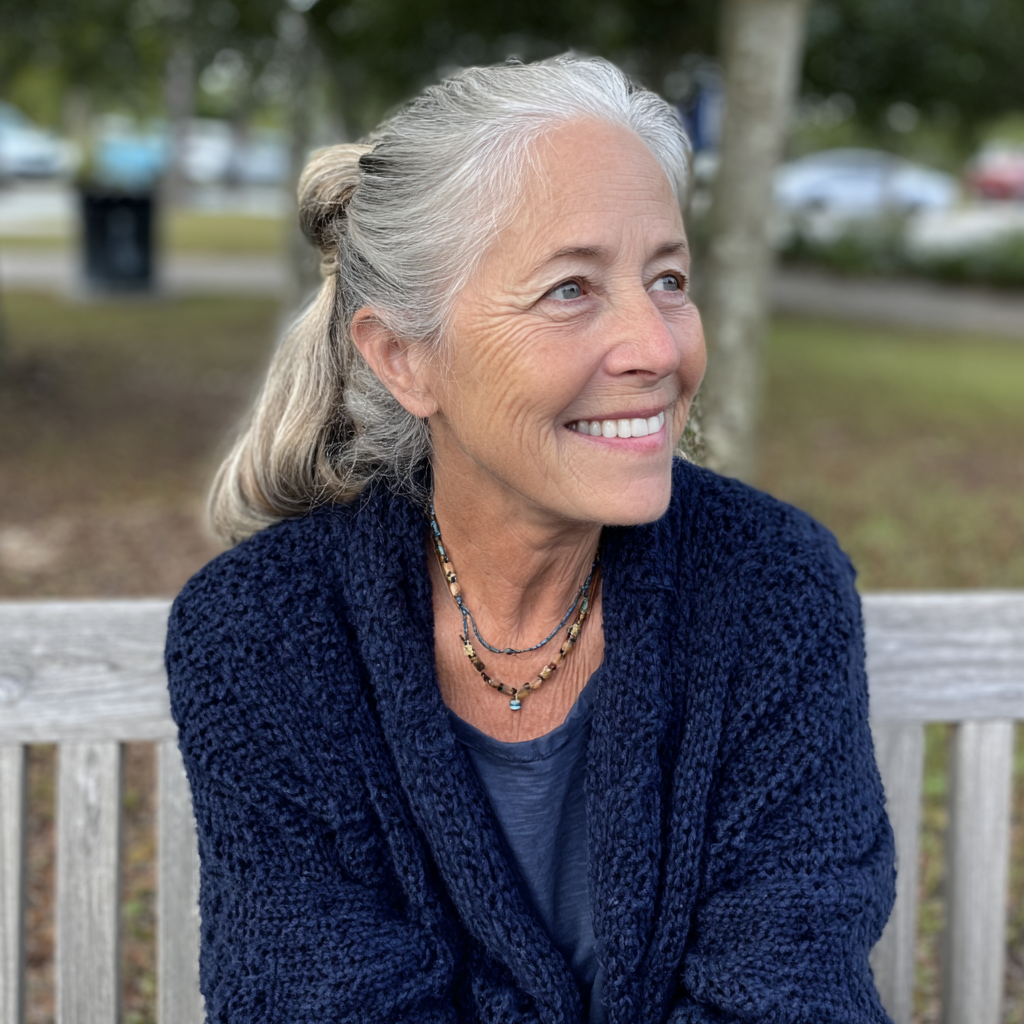 Une femme âgée souriante assise au parc | Source : Midjourney