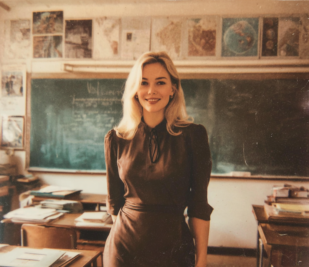 Une enseignante souriante debout dans sa salle de classe | Source : Midjourney