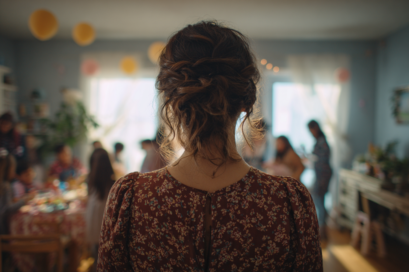Le dos d'une femme debout lors d'une fête d'anniversaire | Source : Midjourney