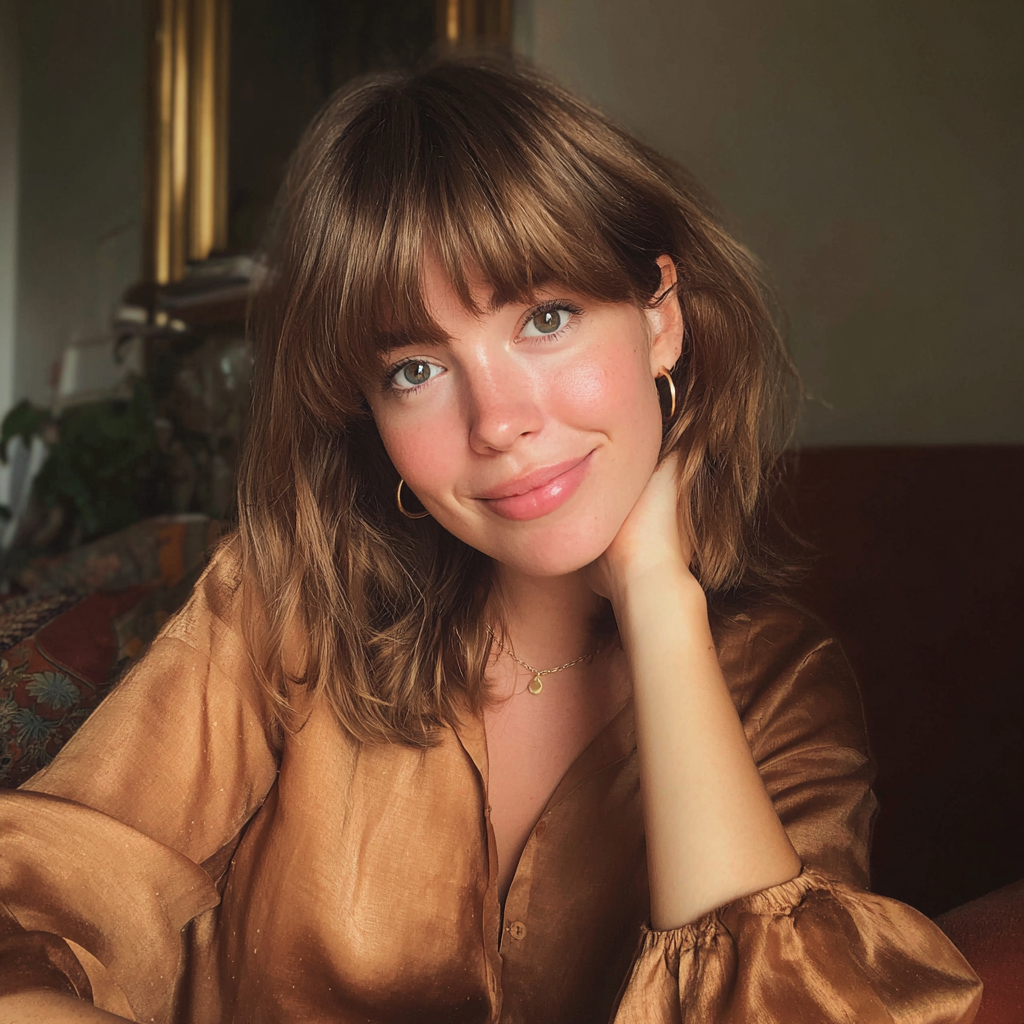 Une femme souriante portant un chemisier en soie | Source : Midjourney